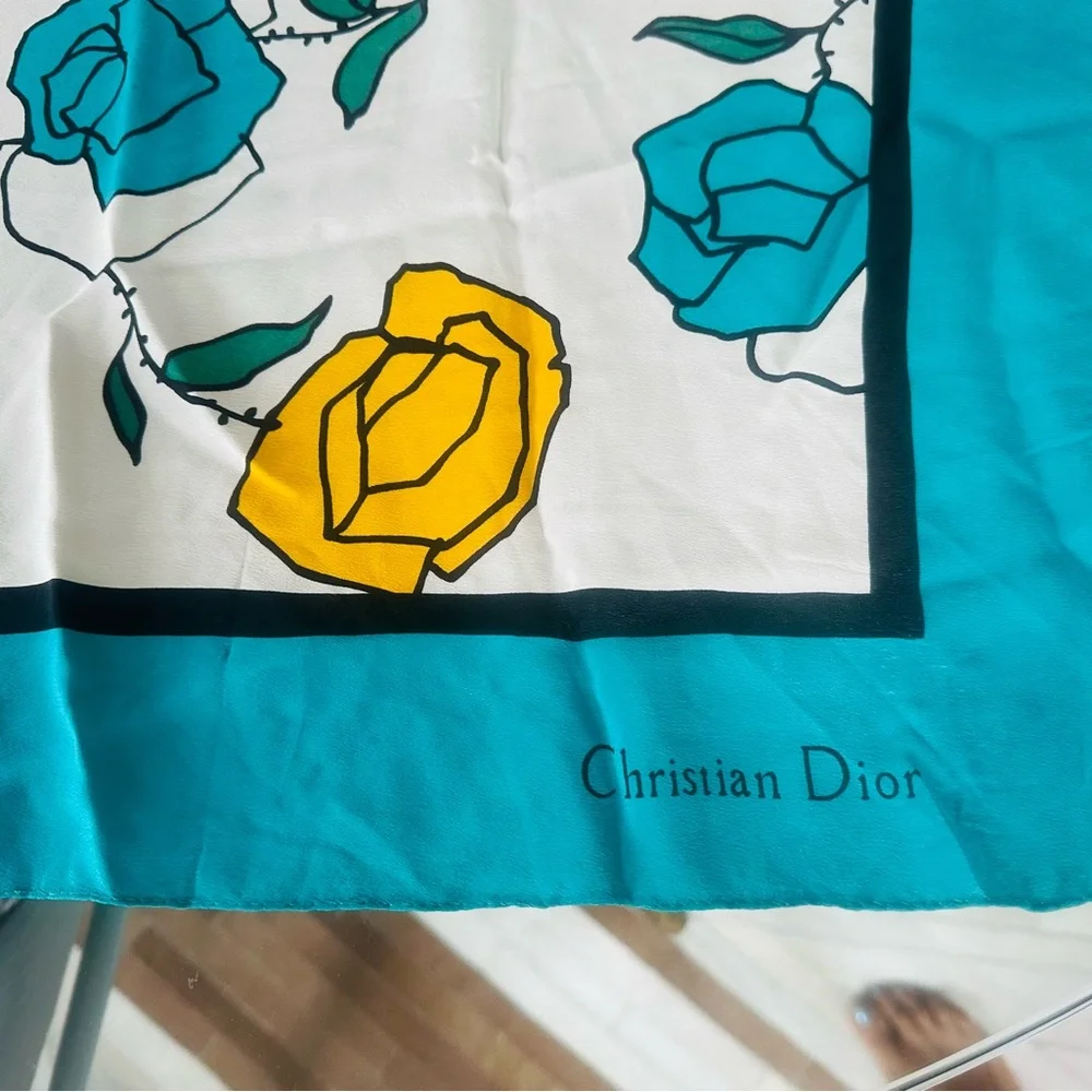 Christian Dior vintage Rose print silk scarf Rare colors(turquoise blue,bright)